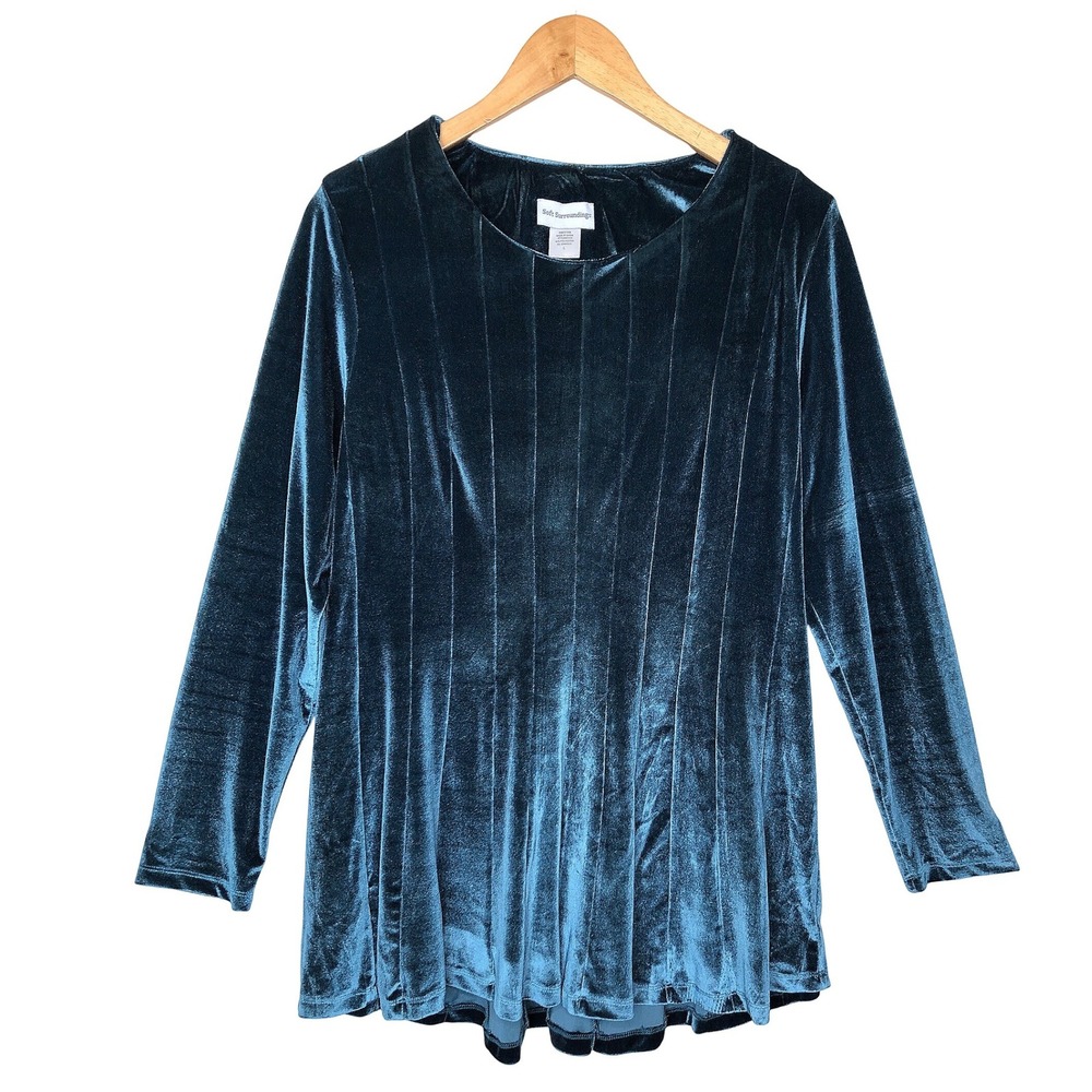 Soft Surroundings Teal Blue Velvet Pleated Tunic Top Long Sleeve Womens‎ Large